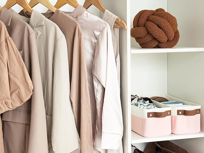 StorageWorks Narrow Storage Bins, Small Basket for Closet and Shelves, Fabric Organizer with Handles, Toilet Paper Storage, Pink and White, 2-Pack