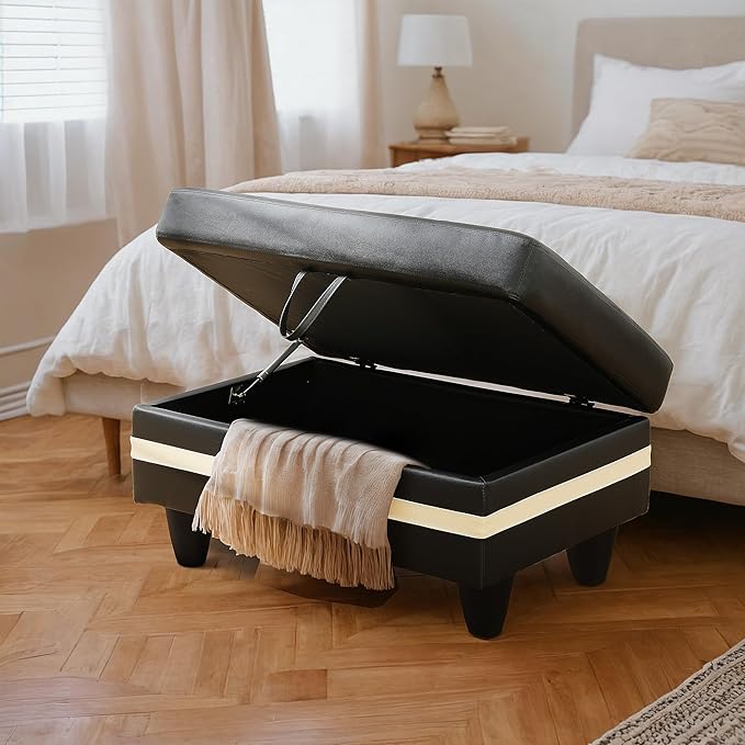 Ottoman Rectangular Storage Ottoman Bench, Faux Leather Footrest, Coffee Table, Stool Footstool with Hinged Lid for Living Room, Bedroom, Entryway, Black with White Strip, 35"x23.5"x17.5"