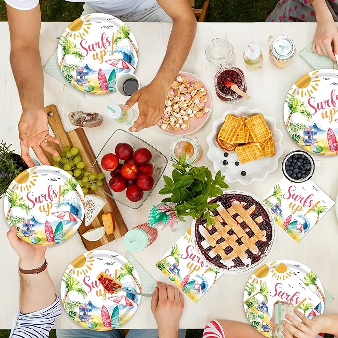 40 Pcs Summer hawaiian Party Dessert Plates and Napkins Sets pool party plates surf up 9" Paper Plates and 6.5" Napkins Party Supplies Tableware Decoration For Birthday Picnic