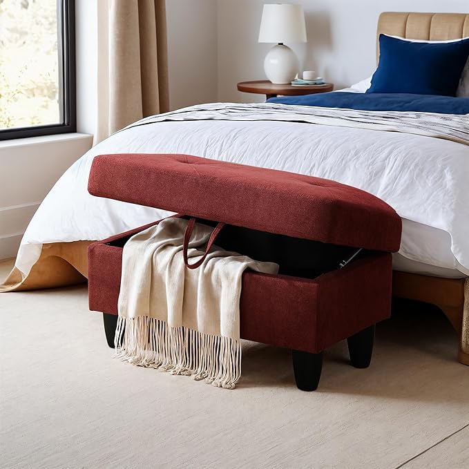 Ottoman Rectangular Storage Ottoman Bench, Flannel Footrest Stool Footstool with Lid for Living Room, Bedroom, Entryway, Red, 28.5"x19"x17.5"