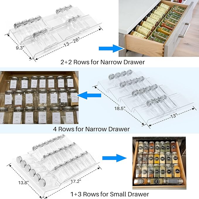 Antimbee Spice Drawer Organizer, 4 Tier- 4 Pack Acrylic Spice Rack Tray for Drawer, Expandable From 13" to 26" Kitchen Spice Rack Tray for Countertop Holds up 28 Spice Jars (Jars not Include)