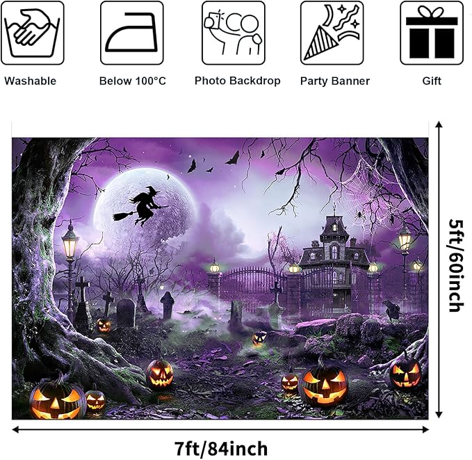 Avezano Halloween Photography Backdrop Full Moon Scary Night Castle Pumpkins Party Background Spooky Witch Bats Cemetery Child Kids Halloween Party Decorations Photoshoot Backdrops (7x5ft, Purple)