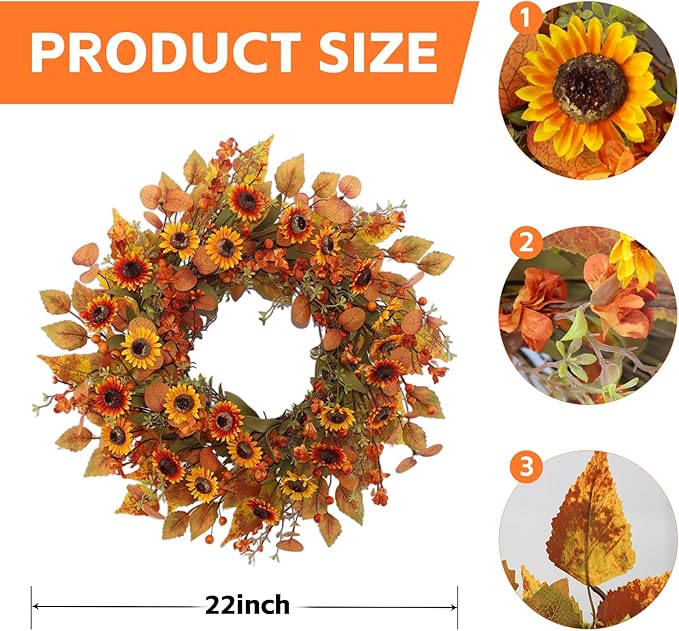 22 inch Artificial Fall Wreaths for Front Door,Autumn Wreath with Eucalyptus Leaves and Chrysanthemum Suitable for Indoor Outdoor Harvest Festival Thanksgiving Day Farmhouse Holiday Decor.