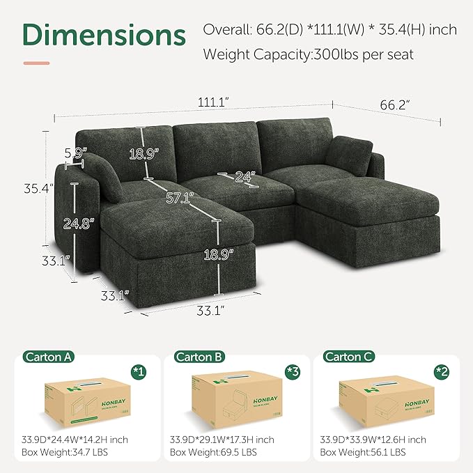 HONBAY Modular Sectional Sofa with Storage Seats, U Shaped Sectional Couch with Storage, Chenille Sectional Couches for Living Room, Green