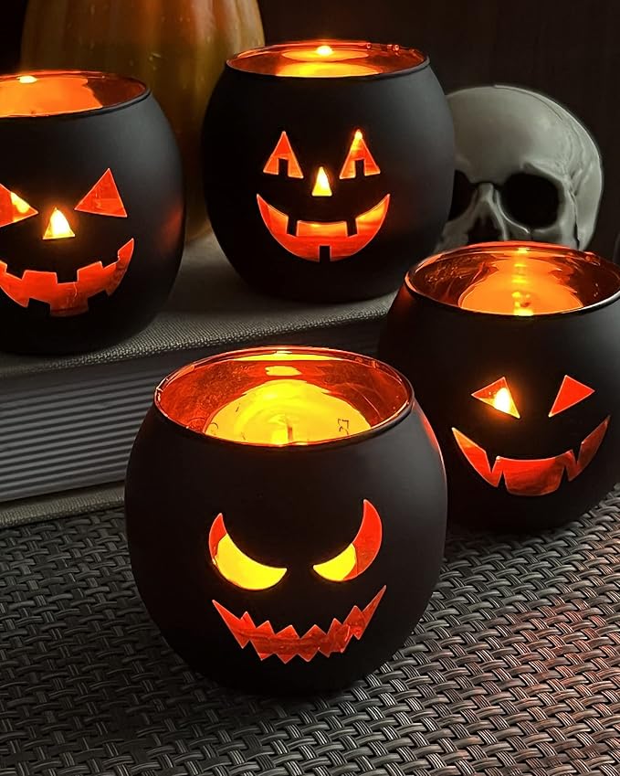 Halloween Table Decor Set of 6, Jack O Lanterns Black Glass Votive Tealight Candle Holders, Halloween Decorations Indoor Party Mantel Coffe Table Centerpiece Decor
