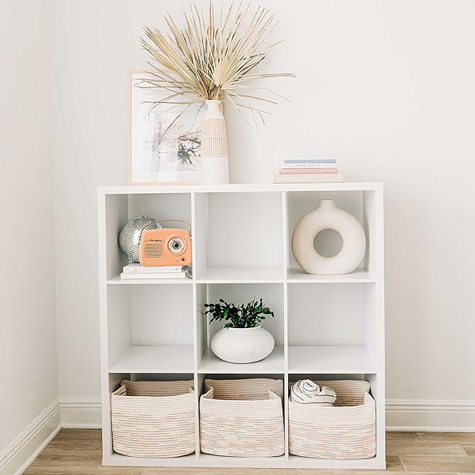 OrganiHaus Set of 3 Rainbow Stiches Woven Storage Baskets for Organizing, Cotton Rope Storage Baskets for Shelves, Soft Bathroom Bins for Organizing, Decorative Cute Nursery Bins for Toys