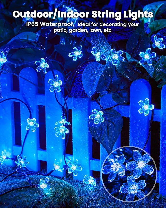 Brightown 2 Pack Total 52FT 120 LED Solar Flower String Lights for Outside Waterproof Fairy Lights for Garden Yard Fence Patio Christmas Tree Wedding Party Decor, Blue