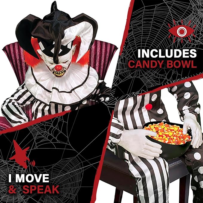 Haunted Hill Farm Hartley The Sitting Scare Clown by Tekky, Motion-Activated Talking Jump-Scare Halloween Animatronic for Halloween Party Prank Decoration, Plug-in or Battery Operated Halloween Props