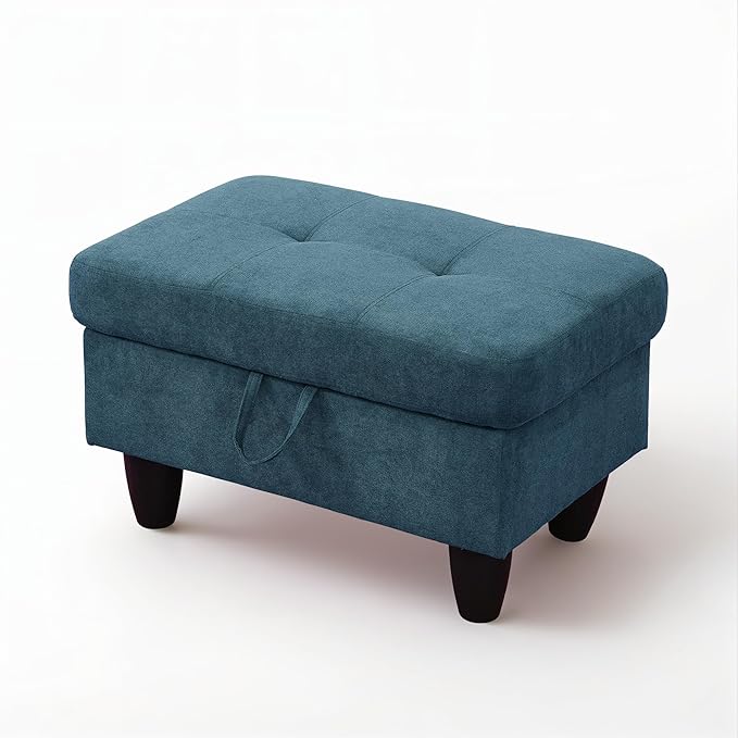 Ottoman Rectangular Storage Ottoman Bench, Flannel Footrest Stool Footstool with Lid for Living Room, Bedroom, Entryway, Lake Blue, 28.5"x19"x17.5"