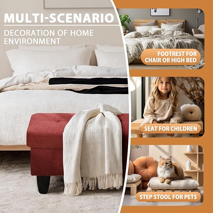 Ottoman Rectangular Storage Ottoman Bench, Flannel Footrest Stool Footstool with Lid for Living Room, Bedroom, Entryway, Red, 28.5"x19"x17.5"