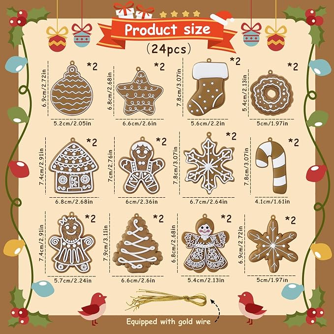 24pcs Christmas Gingerbread Man Ornaments, Assorted Gingerbread Figurines Decorations with Gingerbreads House Snowflake Ornaments for Xmas Tree Winter Crafts Holiday Home Party Decor Indoor