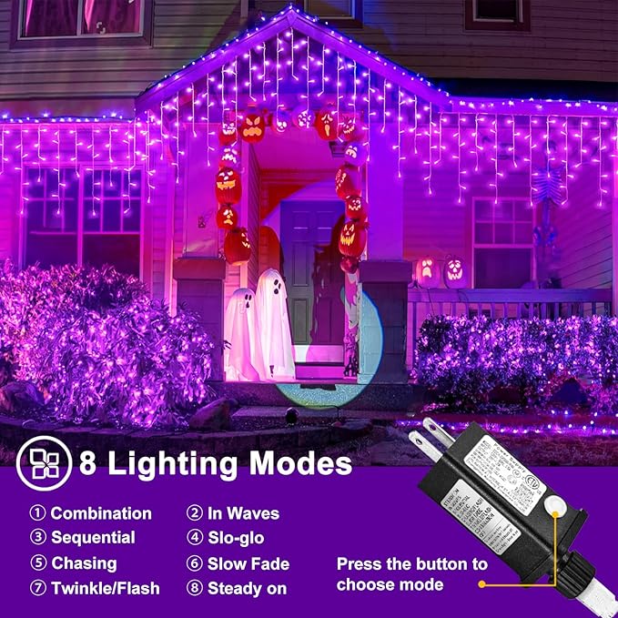 66ft Purple Halloween Lights Outdoor, 640 LED Icicle Lights for Outside Indoor Twinkle Lights with Connectable Clear Wire 8 Modes Timer Waterproof for House Party Tree Holiday Yard Decorations