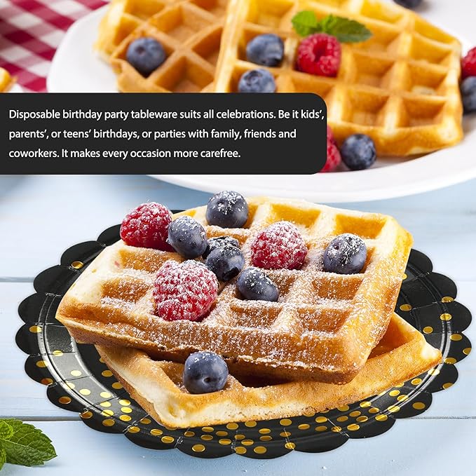 50PCS Black and Gold Paper Plates, 7 Inch Black Scalloped Party Plates Disposable Dessert Plate Cake Plate for Graduation Retirement Aniversary Birthday Dinner