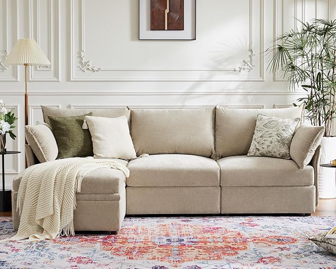 102.6" Modular Sectional Sofa, L Shaped Couch Set for Living Room, 3-Seater Comfy Cloud Couches with Movable Storage Ottoman,DIY Combination - Chenille Beige