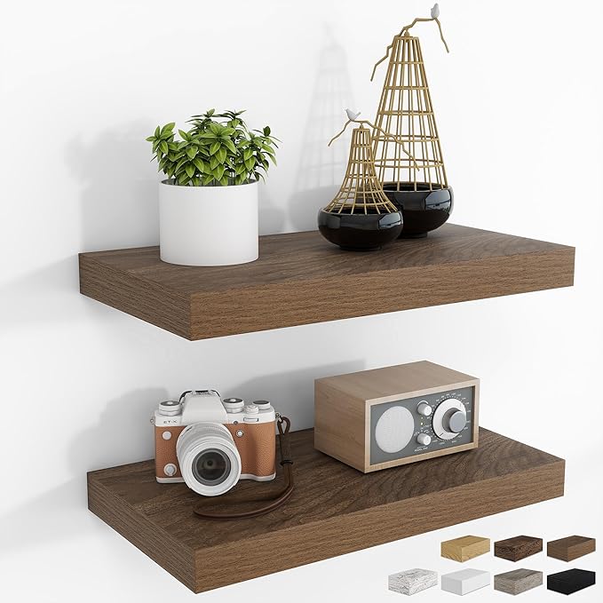 RICHFOCUS 16Inch Floating Shelves for Wall 2 Pack Shelves for Bedroom|Kitchen|Bathroom Wall Mounted Rustic Wood Floating Shelf with Invisible Brackets for Books|Storage|Decor, Walnut
