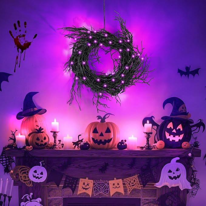 6 Ft 45 LED Willow Vine Twig Decor Black Halloween Garland with Purple Lights, Timer 8 Modes Waterproof Battery Operated Indoor Halloween Decorations for Wall Fireplace Mantle Home Office Party Decor