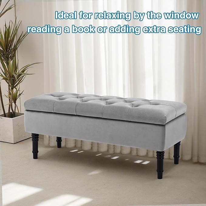 Ottoman with Storage Velvet Storage Bench Holds Up to 500 lbs Ottomans Upholstered Bench with Seating for Bedroom, Living Room, Grey