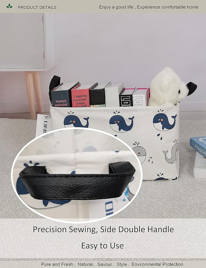 Rectangular Folding Laundry Basket,Canvas Basket,Nersury Hamper,Suitable for Children,Office,Bedroom,Clothes,Toys Storage (REC whale), 14.9’’L ×10.2’’W×9.05’’H inches