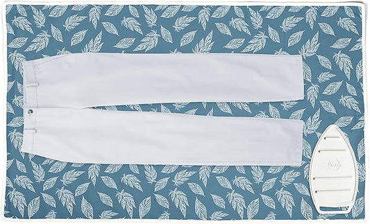 Encasa XO Ironing Mat/Pad (Large 48"x28") with 3mm Padding & Silicone Iron Rest for Steam Pressing on Tabletop or Bed - Heat Resistant, Portable, Quilting & Travel Blanket - Big Leaves Blue
