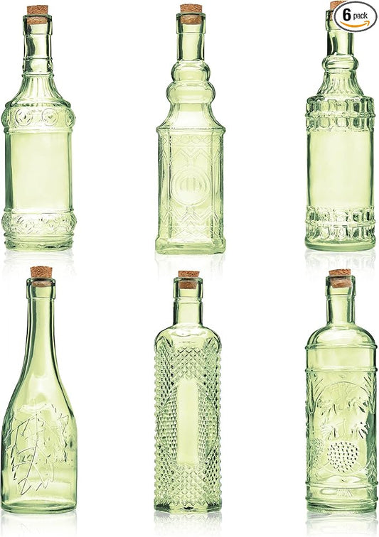Assorted Green Glass Bottles with Corks, 6 Pack, 2.5in X 9in, 16oz