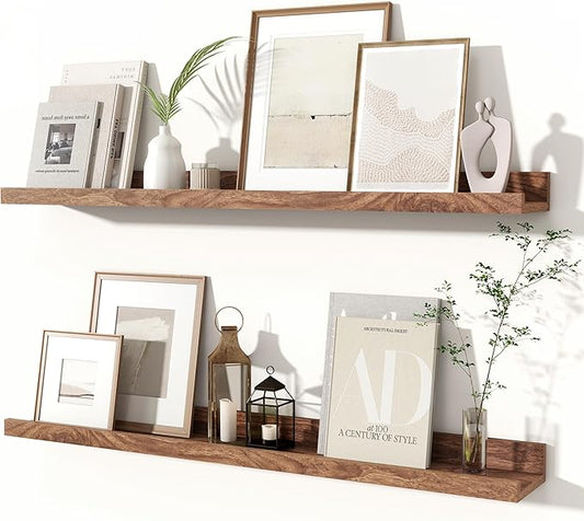 Fun Memories Picture Ledge Shelves Set of 2, 24 Inch Rustic Wall Mounted Floating Shelves with Lip for Home Storage and Décor in Bathroom, Kitchen, Nursery, Bedroom, Living Room, Walnut