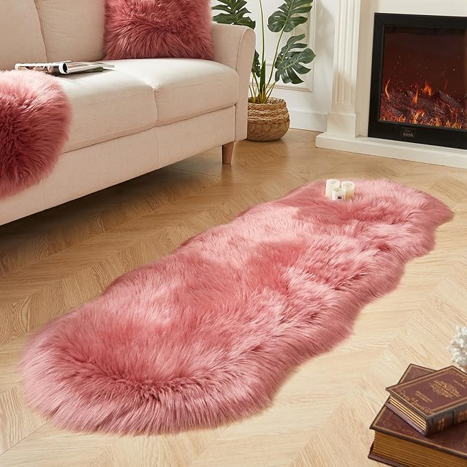 AMTOVO Faux Sheepskin Rug, Blush Pink Ultra Soft Fluffy Shag Area Rug, 2 x 6 ft Faux Fur Rug for Bedroom Sofa Throw Cushion Room Decor, Sheepskin