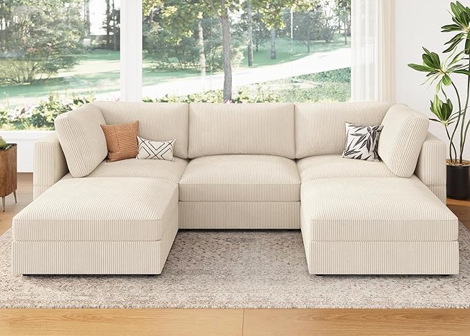 HONBAY Modular Sectional Sofa with Storage Corduroy U Shaped Sofa Modular Sectional Couches for Living Room,Beige