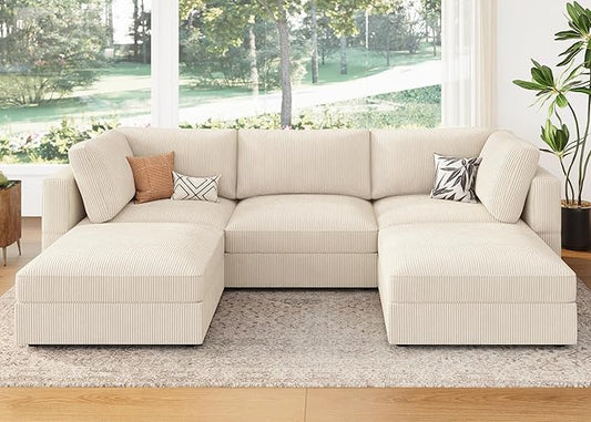 HONBAY Modular Sectional Sofa with Storage Corduroy U Shaped Sofa Modular Sectional Couches for Living Room,Beige