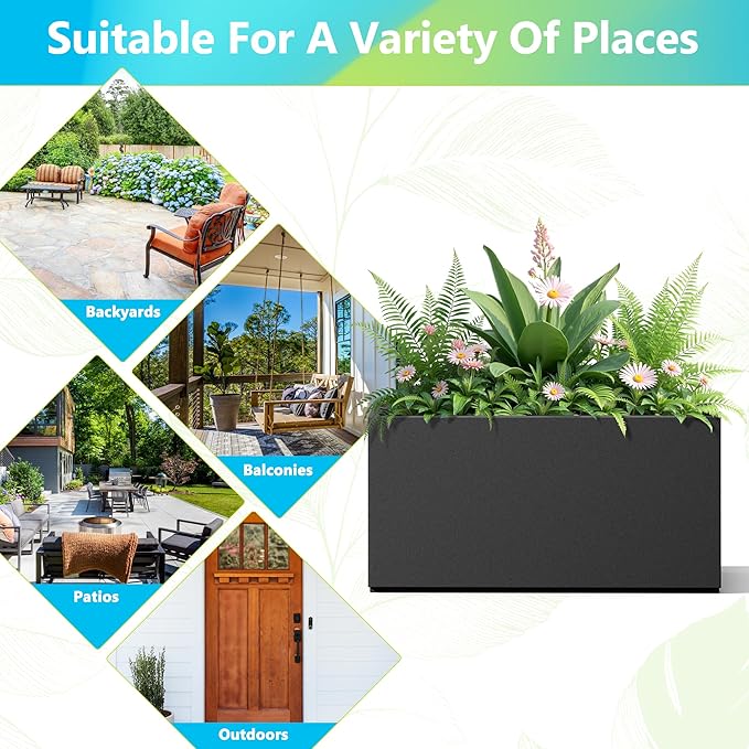FENCY Metal Rectangular Planter Box, Large Planters for Outdoor Plants, Tall Planters for Outdoor Plants with Drainage Holes (32" L x 10" W x 16.3" H,Black)