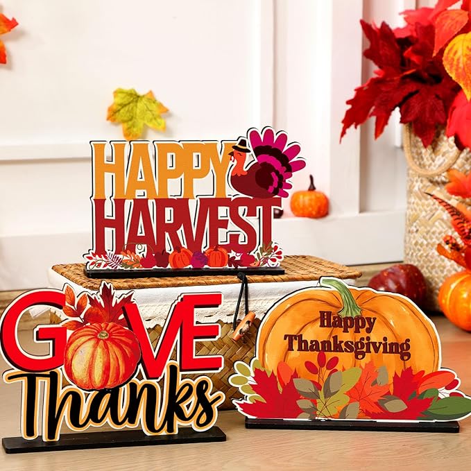 6 Pcs Thanksgiving Wooden Table Decorations Happy Harvest Party Supplies Thanksgiving Turkey Pumpkin Table Centerpieces for Home Indoor Give Thanks Be Thankful Holiday Party Decor