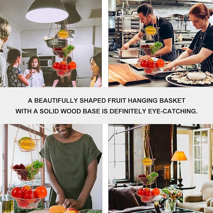 Yardwe 3 Tier Hanging Fruit Baskets Copper Wire Basket Fruit Vegetable Kitchen Storage Organizer Rustic Country Decor Round Metal Copper