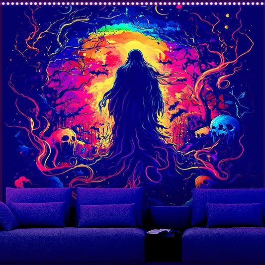 AOHMPT Glow-in-the-Dark Halloween Tapestry - UV Reactive Black Light Wall Hanging Decor for Spooky Parties, Bedroom, Living Room (Shaman, 59" L x 51" W, Unframed)