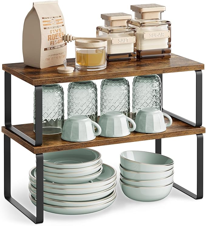 SONGMICS Cabinet Organizer Shelf, Set of 2 Kitchen Counter Shelves, Kitchen Storage, Spice Rack, Stackable, Expandable, Metal and Engineered Wood, Ink Black and Rustic Brown UKCS200X01