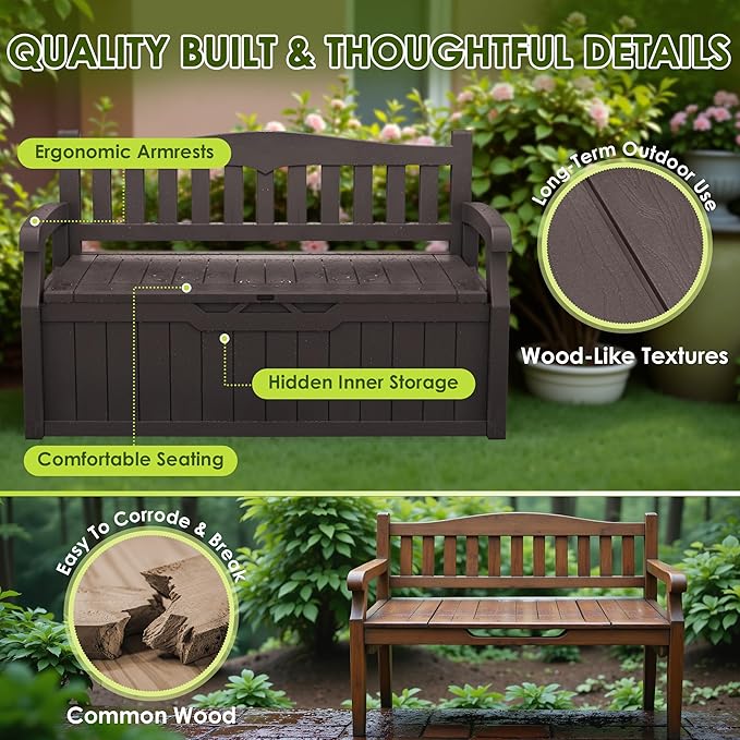 Greesum 80 Gallon Outdoor Storage Bench, Resin Patio Furniture with Armrest,Waterproof and UV-Resistant, Perfect to Garden, Poolside and Lawn, Dark Brown