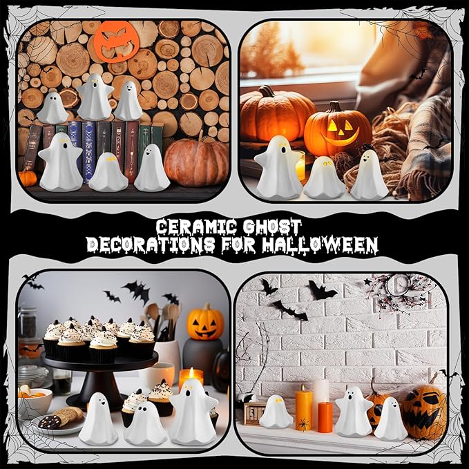 Domensi 9 Pcs Halloween Ceramic Ghost Figurines with LED Lights, Large 5.12 White Spooky Ghost Sculpture Statue Cute Halloween Miniatures for Gifts Centerpiece Table Mantel Collections Decorations