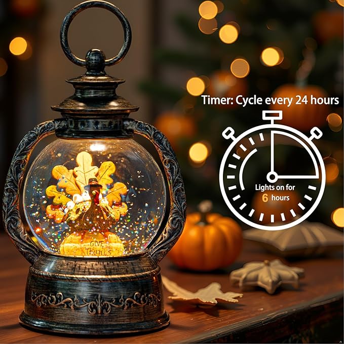 Fall Snow Globe Lantern - Thanksgiving Glittering Lighted Water Lantern, Fall Decorations Autumn Harvest Day Gifts, Home Halloween Christmas Decor (Turkey in Pumpkin)