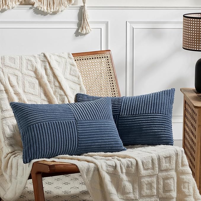 Fancy Homi 2 Packs Dusty Blue Lumbar Decorative Throw Pillow Covers 16x32 Inch for Couch Bed Sofa, Rustic Farmhouse Boho Home Decor, Soft Striped Corduroy Rectangle Accent Cushion Case 40x80 cm