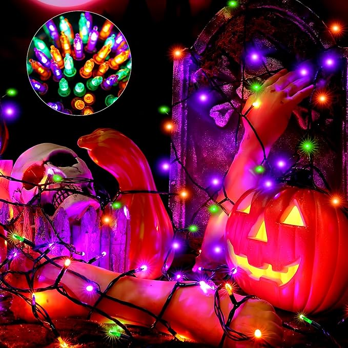 Halloween Orange Purple & Green Lights Decorations, 2 Pack 17FT 100LED Mini String Lights Battery Operated -Waterproof for Indoor Outdoor Patio Tree Holiday Fall Halloween Decor