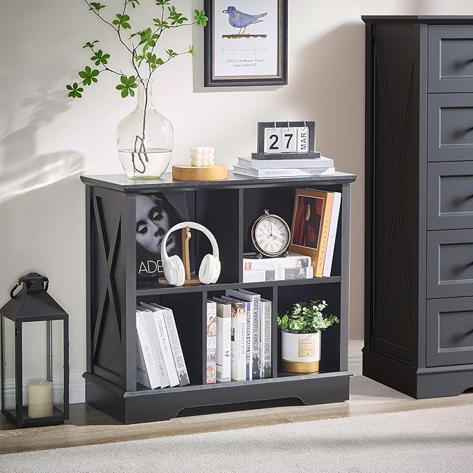 Farmhouse 5 Cube Bookshelf, Black Storage Organizer Bookcase, Kids Toy Storage Cabinet, Small Bookshelves Storage Organizer Shelf, Wood Display Cabinet Book Shelves for Bedroom,Living Room,Office