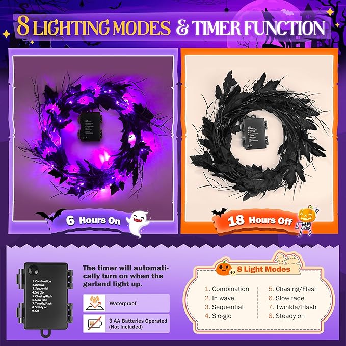 Halloween Lighted Willow Vine Twig Decoration, 6.56 FT Light up Garland Battery Operated with Purple LED Lights, 8 Modes and Timer, 12 Bat and Ghost Ornaments, 4 Adhesive Hooks