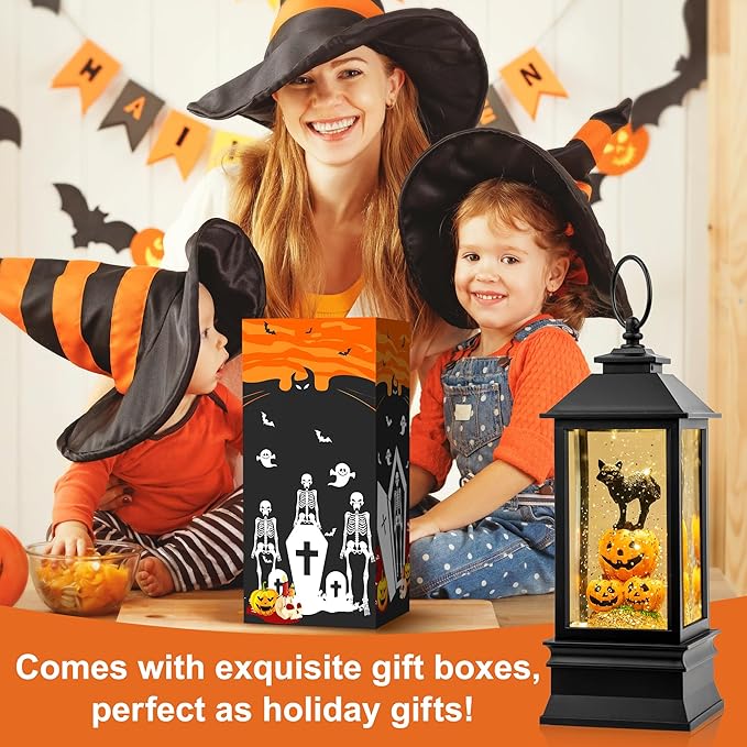 Halloween Snow Globe Lantern Water Glittering Spooky Witch' s Black Cat in Pumpkins with Music, USB Lined/Battery Operated Lighted Lantern for Halloween Festival Decoration Gifts