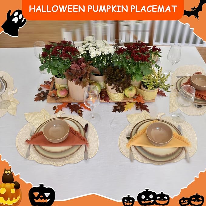 Halloween Pumpkin Placemats Set of 6 Halloween Table Decorations Indoor Round Fall Placemats for Farmhouse Harvest Party Kitchen Dinning Decorations