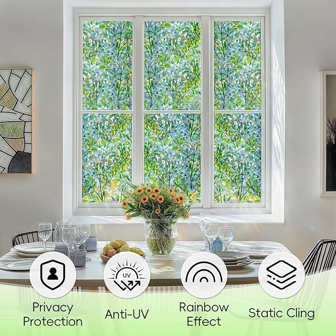 DUOFIRE Window Privacy Film Decorative Stained Glass Window Film Rainbow Foliage Windows Cling Anti UV Non-Adhesive Static Cling Reusable Colorful Windows Decal for Home 35.4×78.7 inch