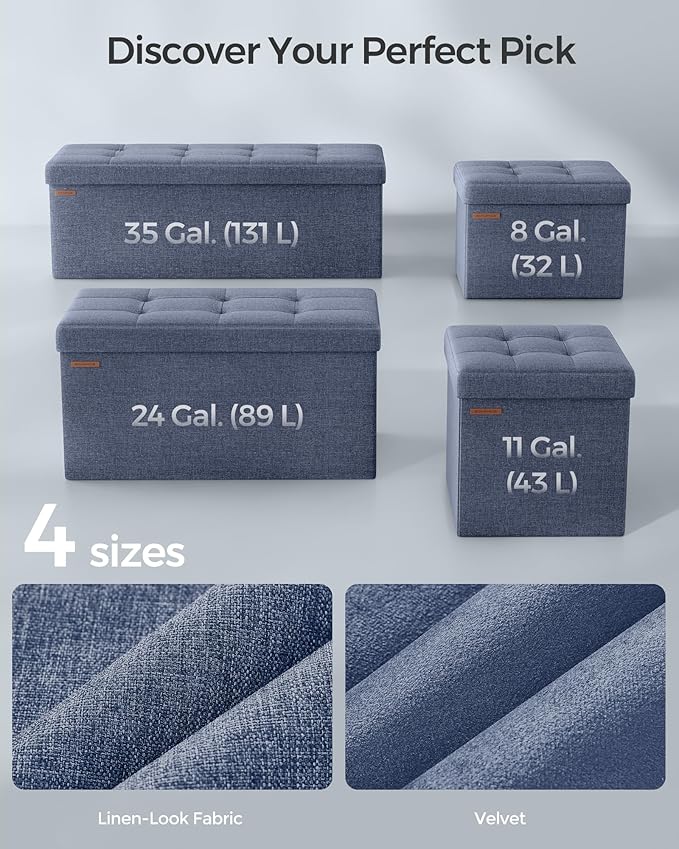 SONGMICS MAZIE Collection - 43 Inches Folding Storage Ottoman Bench, Ottoman Foot Rest, End of Bed Bench, Storage Chest, Load 660 lb, for Living Room, Bedroom, Entryway, Misty Blue ULSF077Q01