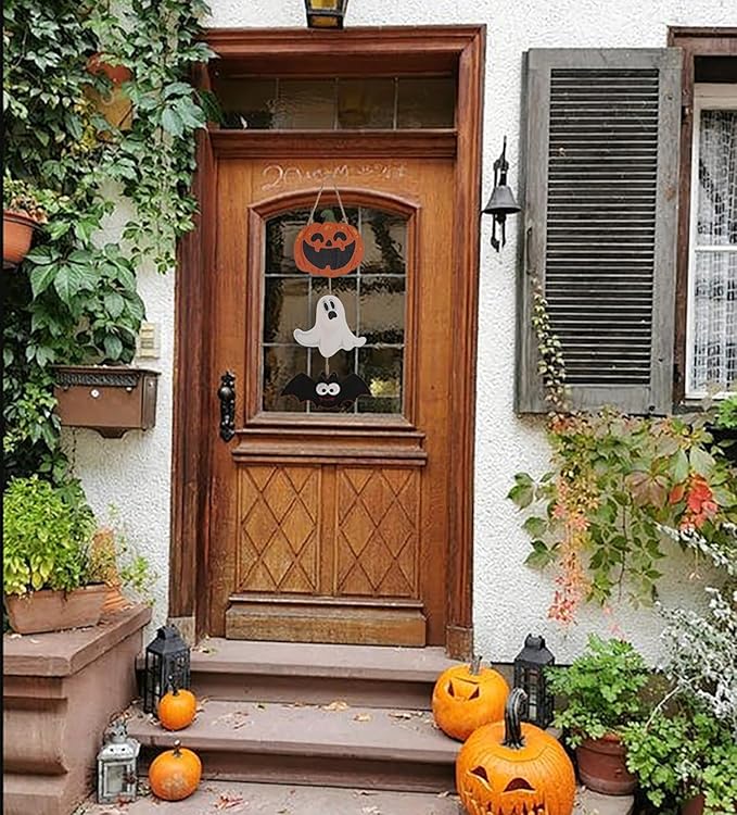 Halloween Cute Hanging Wall Plaque Sign Wall Art Plaques Decoration with Pumpkin Ghost Bat Pattern 3 Pieces Wooden Wreaths Plaques for Front Door Home Outdoor Yard Art