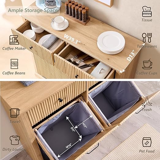 Modern Double Tilt-Out Trash Cabinet, 20 Gallon Fluted Laundry Hamper Cabinet with 2 Drawers, Wooden Hidden Garbage Can Cabinet with Storage Basket for Kitchen & Living Room, Natural Oak