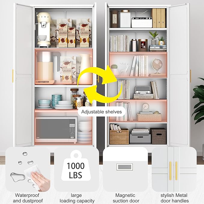 Kitchen Pantry Storage Cabinet with Doors and Adjustable Shelves, Metal ClosetMaid Food Pantry Cabinets, 75" Tall Freestanding Cupboard for Kitchen, Laundry or Utility Room, White