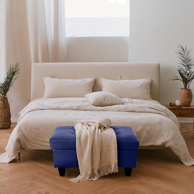 Ottoman Rectangular Storage Ottoman Bench, Faux Leather Footrest, Coffee Table, Stool Footstool with Hinged Lid for Living Room, Bedroom, Entryway, Blue, 35"x23.5"x17.5"