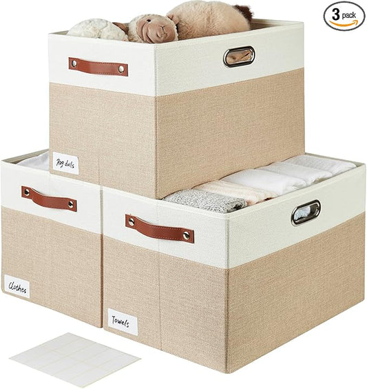 Large Collapsible Fabric Storage Bins with 3 Handles, Foldable Organizer Baskets for Closet, Shelves, Living Room | 3 Pack, Durable PU & Metal Handles (17"x11.8"x11.8", Beige & White)