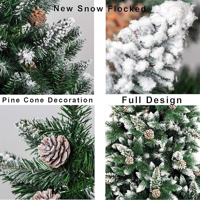 Artificial Christmas Tree 5/6/7/7.5 Foot Flocked Snow Trees with Pine Cone Decoration Unlit
